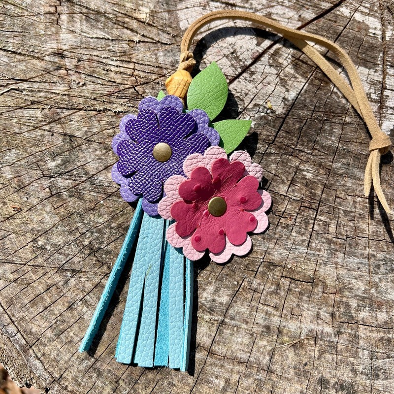 Spring Flowers Leather Tassel Bag Charm Pink, Blue and Purple gallery