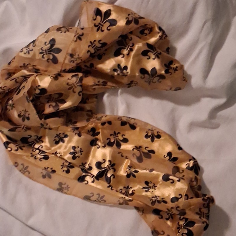 Gold Black Gray Satin Polyester Fleur-de-lis Women's Scarf Wrap Hand Wash gallery