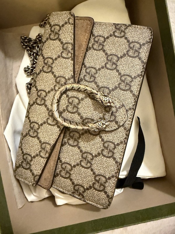 Gucci GG Monogram Wallet on Chain Shoulder Bag Snap Closure Beige Brown