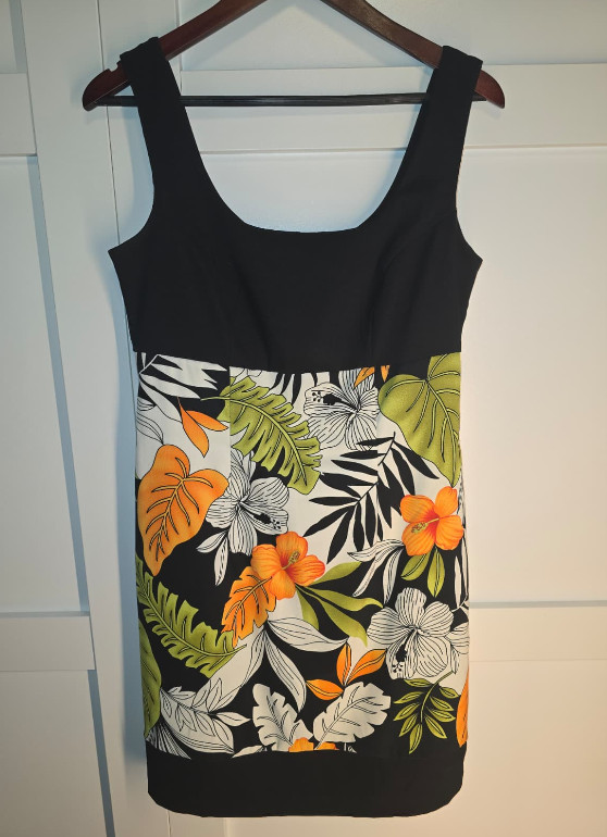 AGB Womens 10 Tropical Print Dress Sleeveless Shift Black Floral Hawaiian