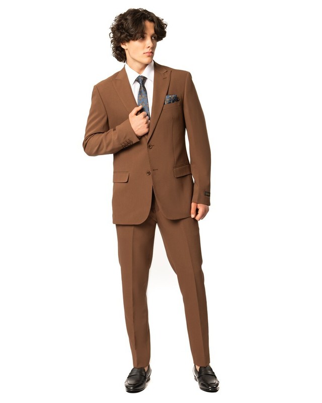 Slim Fit 2 Button Mens Rust Brown Suit Peak Lapel Semi Stretch 9936 By AZAR MAN