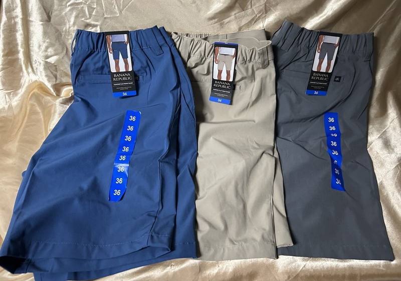 LOT of 3 Pair : BANANA REPUBLIC Flat Front SHORTS size 36 tan gray & blue