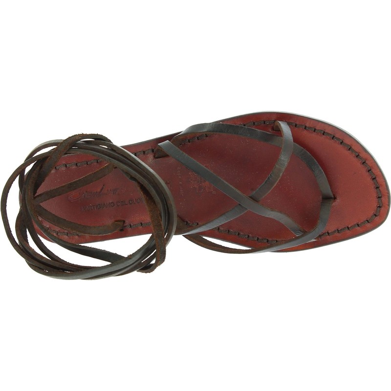 WOMENS STRAPPY LEATHER FLAT SANDALS HANDMADE IN ITALY IN DARK BROWN CUIR gallery