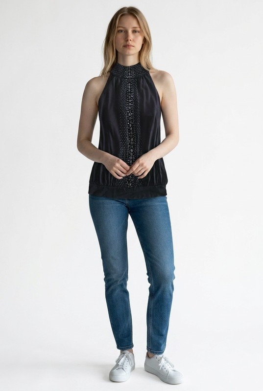 INC Black Sleeveless Sequin Mock Neck Top Size M