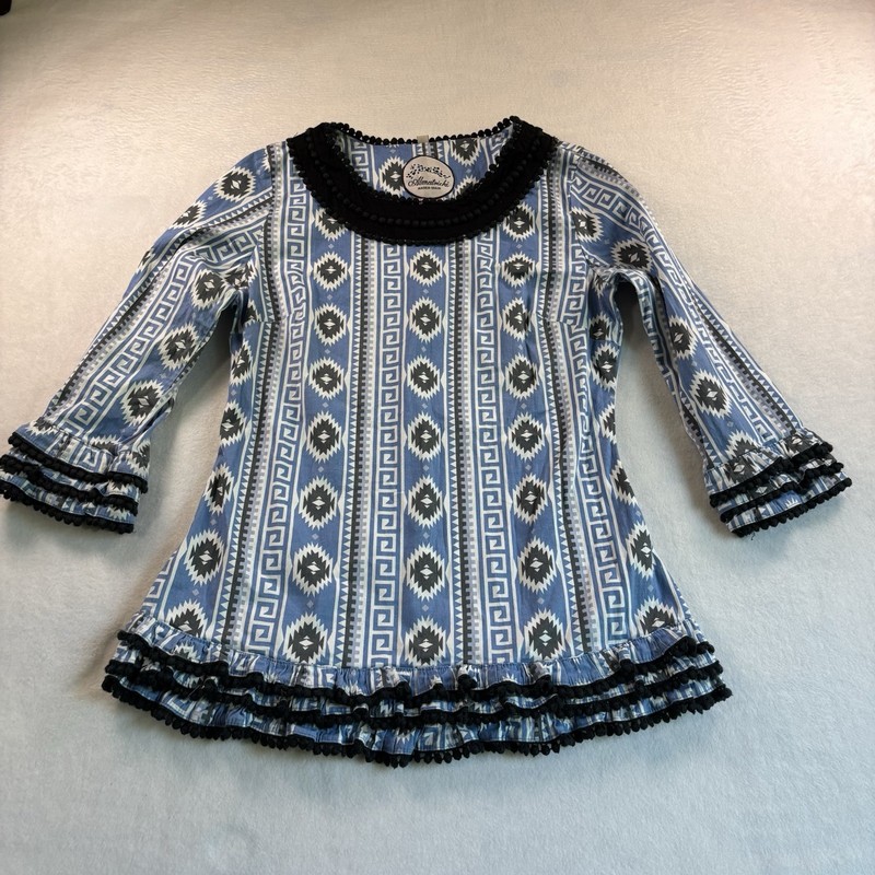 Almatrichi Women’s Blue Geometric Ruffle Zip Back Round Neck Tunic Blouse 42