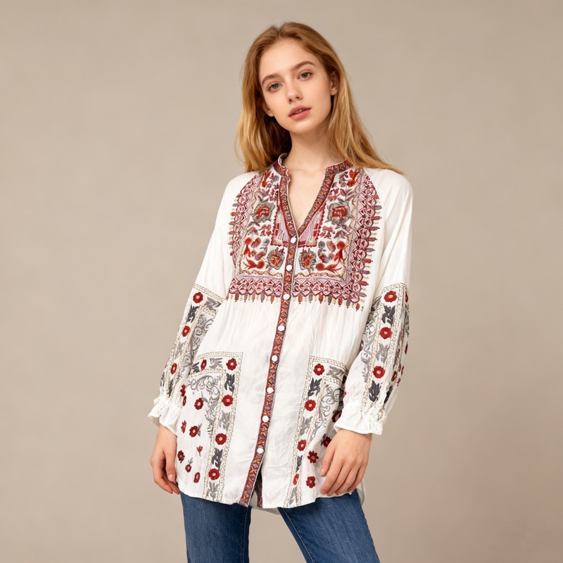 NWOT Johnny Was Embroidered Floral Long Sleeves V-Neck Tunic Blouse Size S
