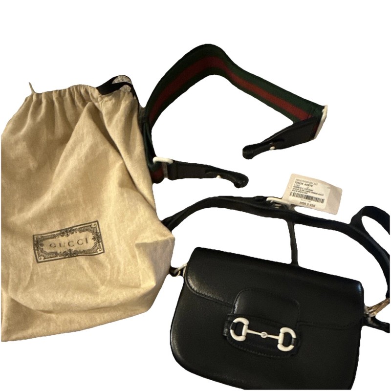 Gucci Small Black Crossbody Bag w/ Web Strap, WHITE Hardware, Dust Bag