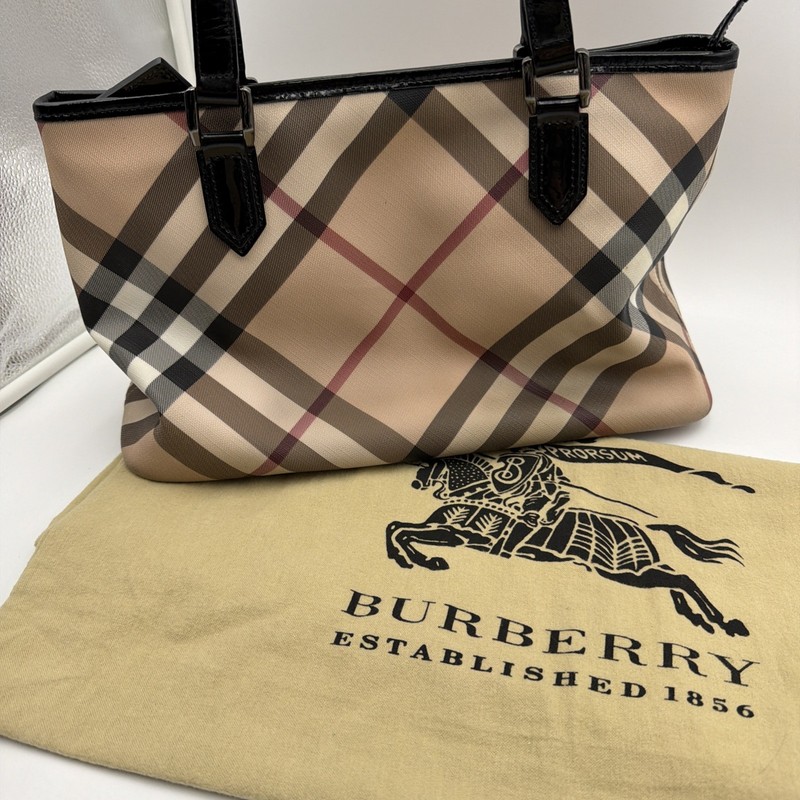 Burberry Super Nova Tote Check Plaid Black Patent Leather Shoulder Bag Purse gallery