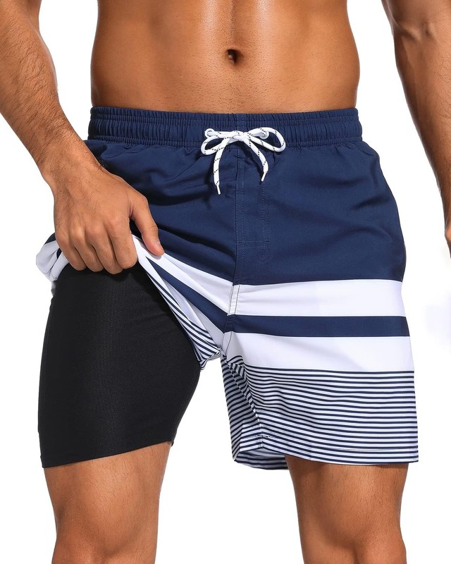 SILKWORLD Mens Swim Trunks with Compression Liner 2 in 1 Quick Dry Bathing Suit