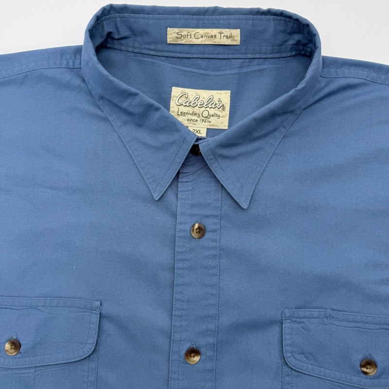 Cabelas Button Down Mens 2XL Blue Soft Canvas Trail Short Sleeve Outdoor SH308