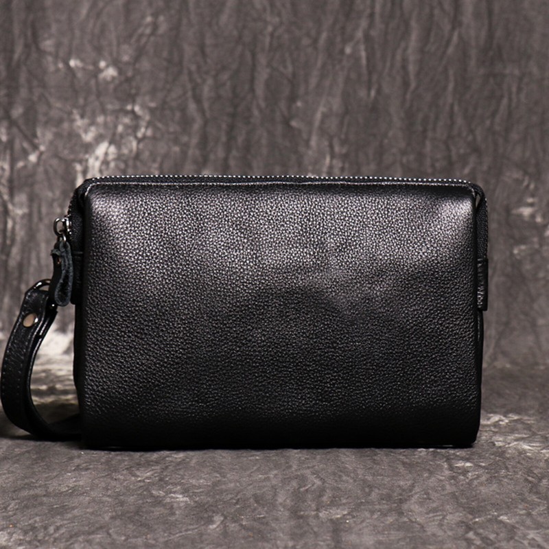 Mens Black Leather Wristlet Genuine Leather Clutch Bag Card Organizer