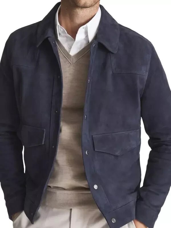 Navy Blue Leather Shirt jacket Men’s Genuine Sheepskin Suede Stylish Urban
