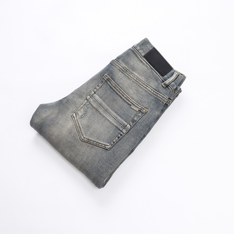 Men's Ripped Elastic Slim fit Jeans, Retro Classic High Quality Gray Blue Pants gallery