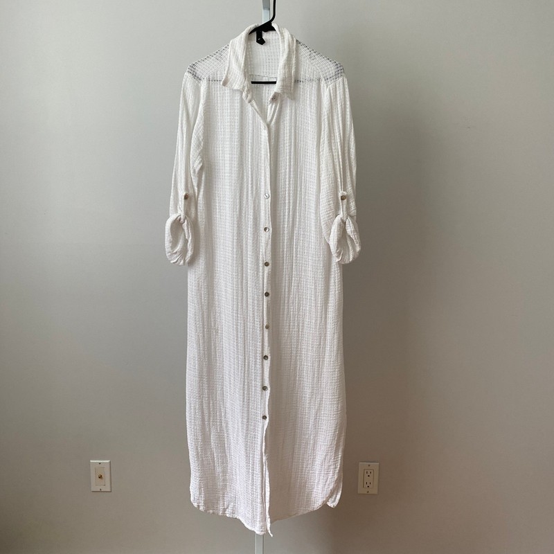 Venti6 Made in Italy Linen L White Maxi Shirt Dress Button Roll Tab Sleeve