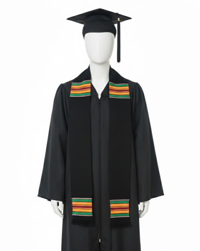 Authentic Black Kente Stole with Multicolor Accent Stripes