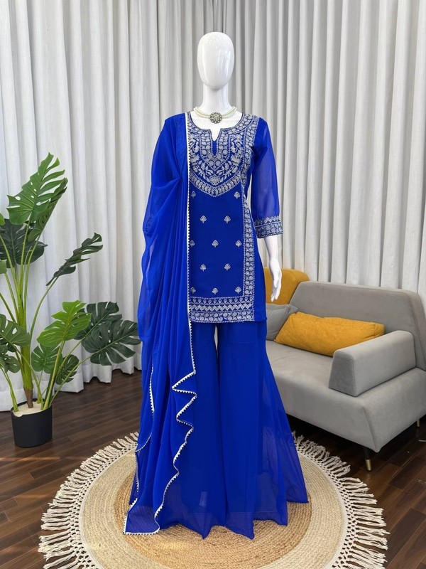 Designer Party Wear Faux Georgette Kurta Palazzo With Dupatta For Women
