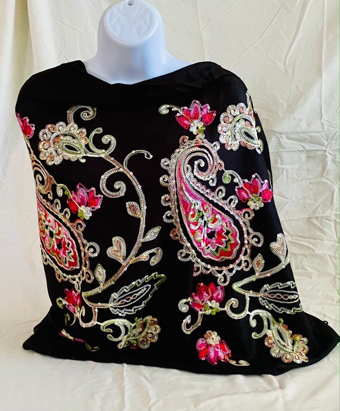 Pashmina Black Scarf Wrap Shawl with Paisley Flower Sparkle
