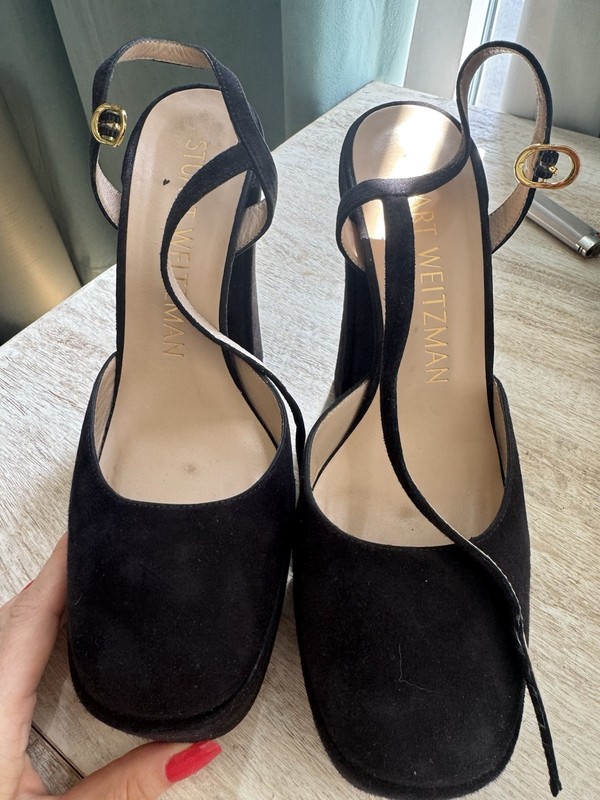 Stuart Weitzman Black Suede Platform Block Heel Square Toe Ankle Strap 8