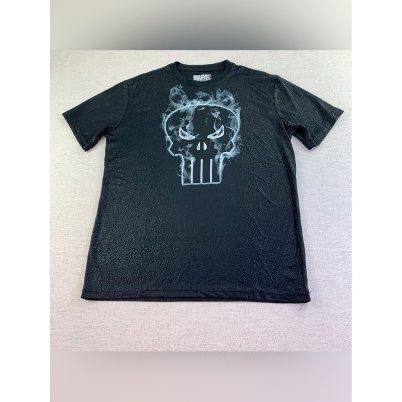 Marvel Black Short Sleeve Tee with Smoky Punisher Skull shiny textured fabric