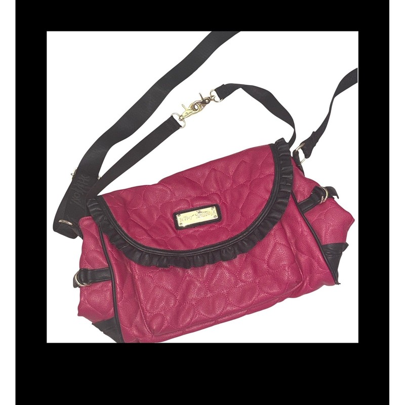 Betsey Johnson Pink Heart Quilted Ruffle Crossbody Bag Fuchsia Black Trim