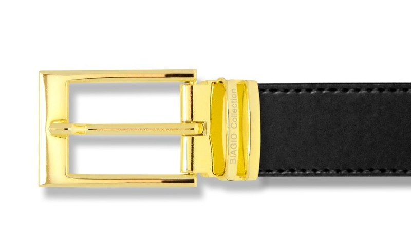 Biagio Men's Solid BLACK Bonded Leather Dress Belt with Gold-Tone Belt Buckle gallery