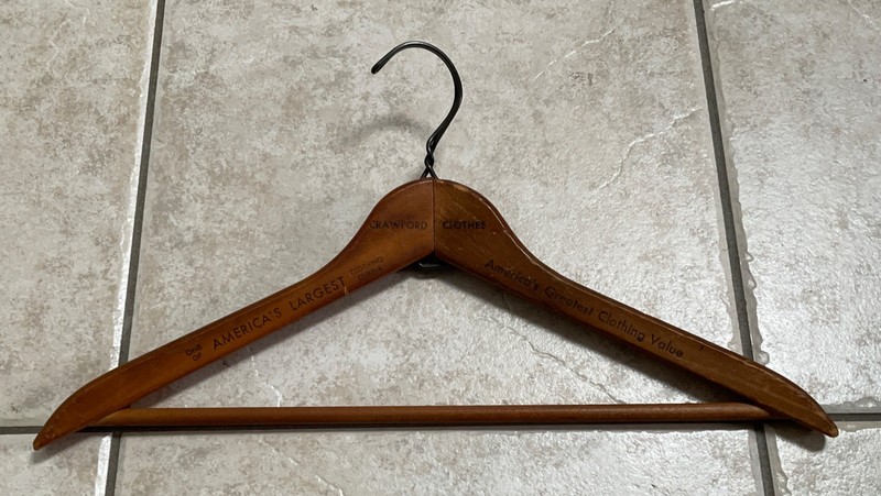 VINTAGE ANTIQUE “CRAWFORD CLOTHES” WOODEN HANGER ADVERTISEMENT COLLECTIBE