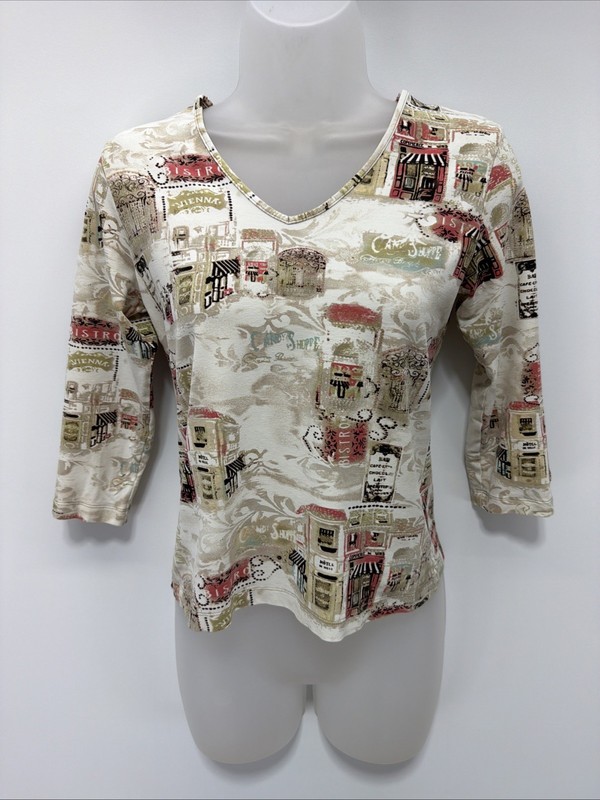 Vintage 90’s Chicos City Scene Artsy Abstract Whimsy 3/4 Sleeve Top Women’s S