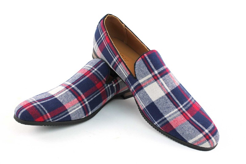 Slip On Mens Plaid Blue Red White Dress Shoes Loafers Formal Casual By AZAR MAN