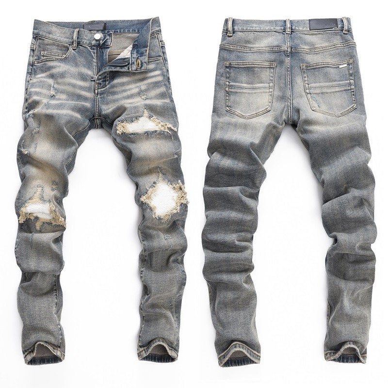 Men's Ripped Elastic Slim fit Jeans, Retro Classic High Quality Gray Blue Pants