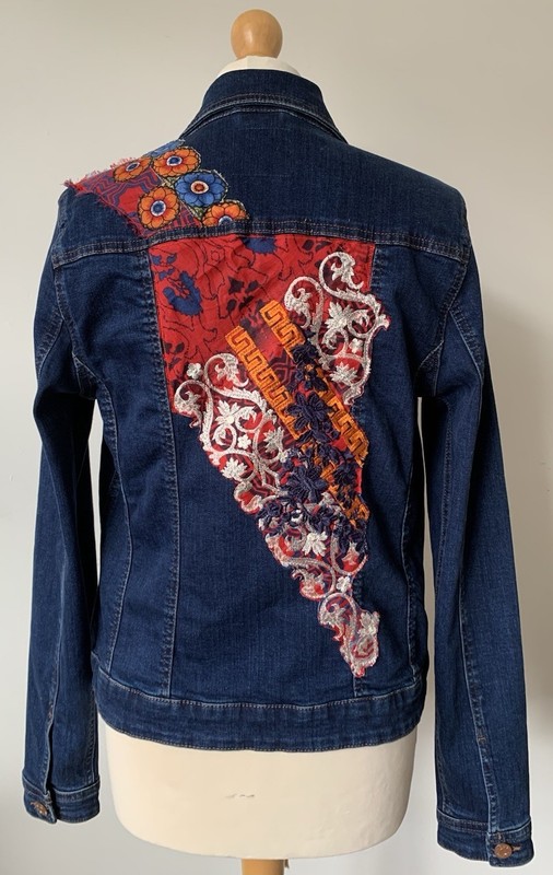 Denim Jacket Reworked Blue Ladies Size 14 Floral Embroidered Boho Festival Next
