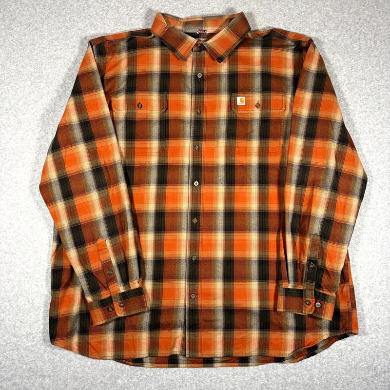 Carhartt Hubbard Plaid Flannel Shirt Mens 3XL Tall Umber Original Fit Button Up
