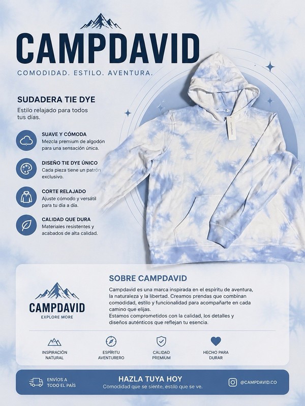 CAMPDAVID Tie-Dye Full Zip Hoodie Blue/White Fleece Pockets One Size