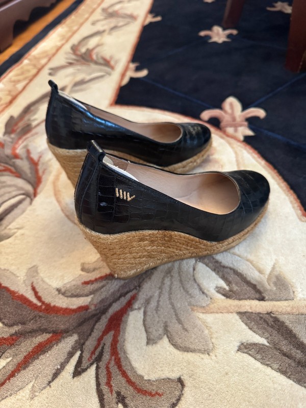 VISCATA SPAIN LEATHER ESPADRILLE WEDGE SHOES WOMEN’S US 6 EU 36 BLACK CROC EMBOS