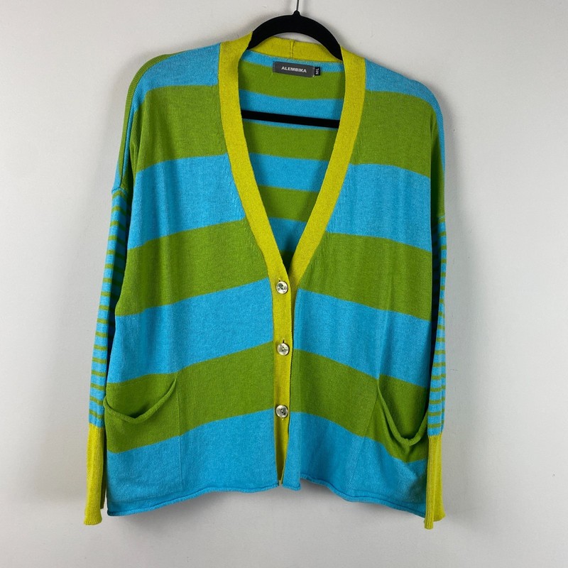Alembika Gumdrop Cardigan Size M/L Stripes Blue Green Cotton Blend Pockets