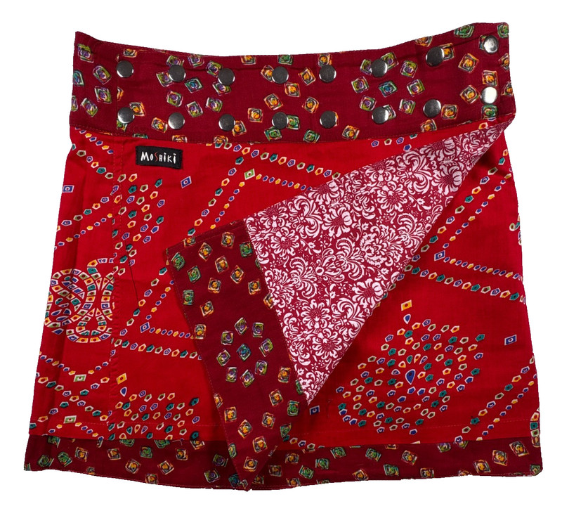 Moshiki Reversible Wrap Mini Skirt Adjustable Snap Waist Pocket Red Boho Print gallery