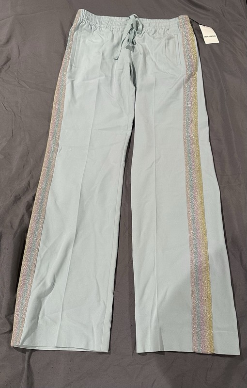Zadig & Voltaire Pomy Crepe Trousers Celadon Glittery Side-Stripe band SZ 42 NWT