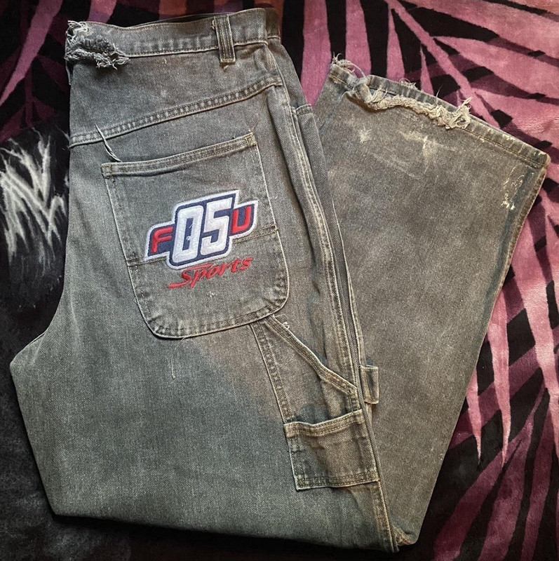 FUBU Men’s Gray Denim Jeans Relaxed Wide-Leg Mid Rise Distressed Logo