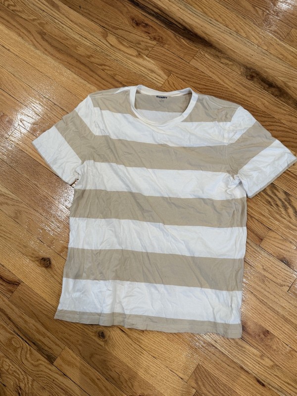 Old Navy Soft-Washed Rugby Stripe T-Shirt L Cream Tan Crewneck 100 Cotton