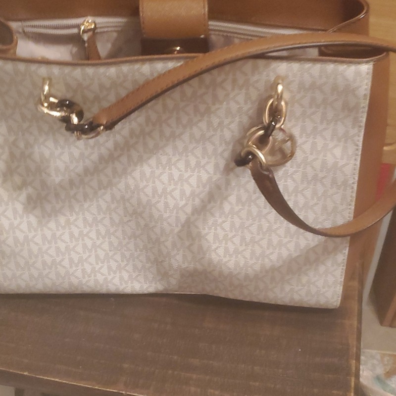 Michael Kors Signature Logo Tote Bag Large Zip Lined Inner Pockets Brown Beige gallery