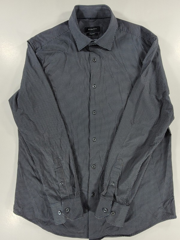 Bugatchi Tech 8 Way Stretch Button Shirt Men Large Long Sleeve Blue Mirco Dot gallery