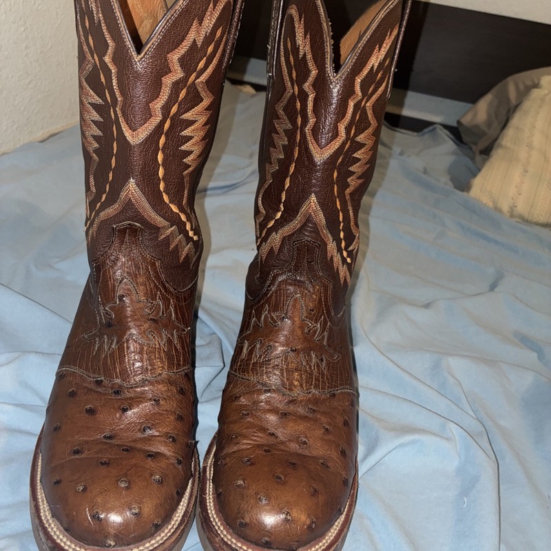 Vintage Lucchese 2000 Quill Ostrich Skin Tan Leather Western Cowboy Boots Sz 8D