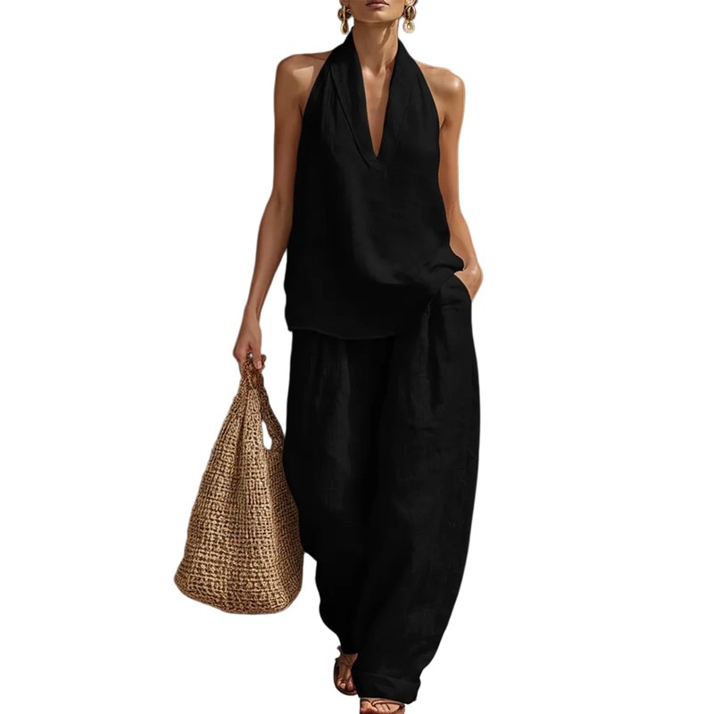 Women’s Linen 2 Piece Set V Neck Halter Top Baggy Wide Leg Pants Summer Outfit