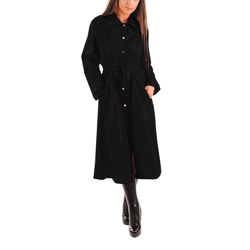 PVC Leather Turn-Down Collar Midi Trench Button-Up Long Sleeve Coats with Belt