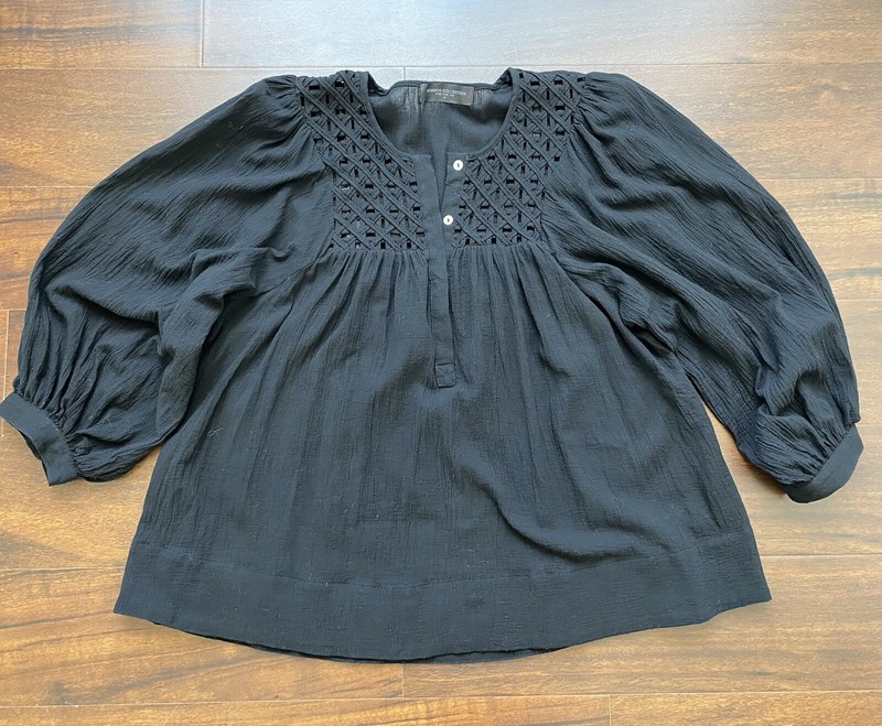 COMMON COLLECTION Black Balloon Sleeve Boho Top Poet Peasant Blouse Size Small