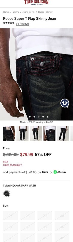 $249 True Religion Mens Rocco Super T Relaxed Skinny Jean Size 44