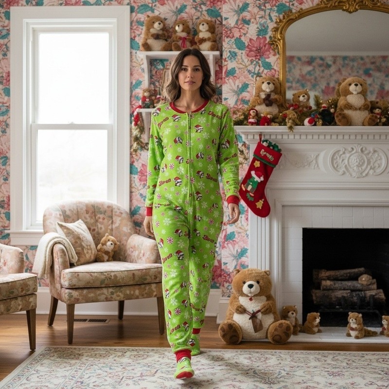 Buc-ee's Christmas Union Suit Mens Medium Green Santa Beaver Zip Pajamas Flap gallery