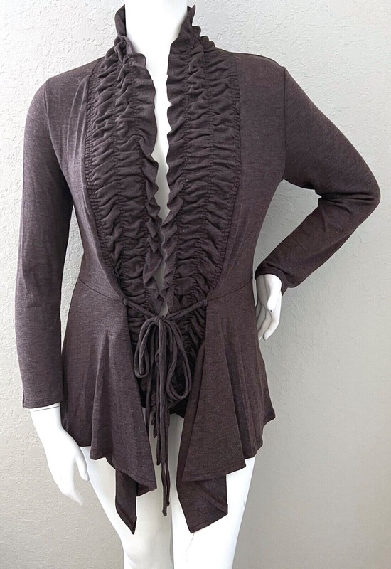 Emerald USA Ruffle Cascading Tie Front Cardigan Heather Brown Plus 1XL 2XL 3XL