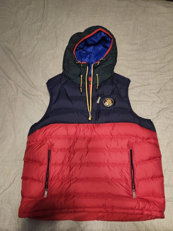 Polo Ralph Lauren XL Hooded Colorblock Down Puffer Vest Full Zip Red