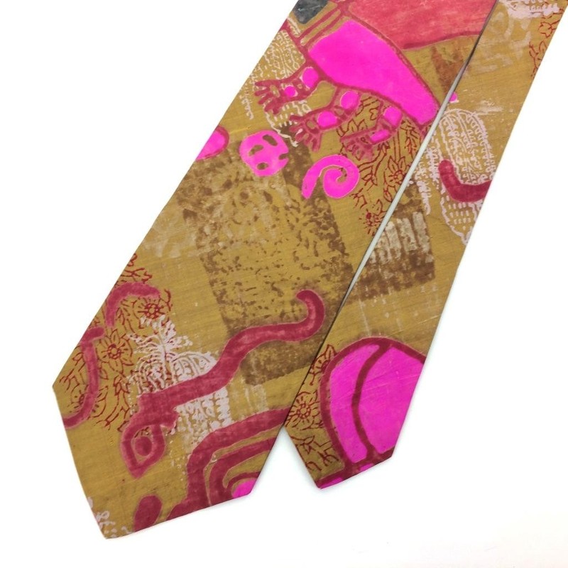 Sutton East Tie Block Print Raw Tasar Silk Necktie Pink Brown #I23 True Vintage gallery