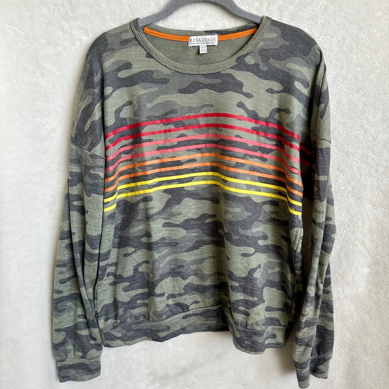 P.J. Salvage Women's Size Medium Camouflage Neon Sunset Stripe Sweatshirt EUC